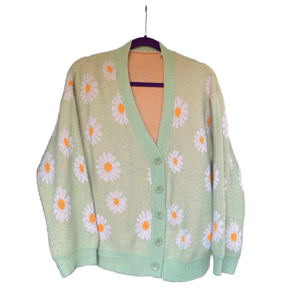 Shein Daisy Sweater Fuzzy Cardigan Green Yellow Orange One Size